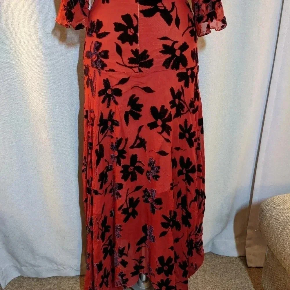 Saloni Red Chiffon V Maxi Dress Black Velvet Flowers Size 2 Edith Devor
